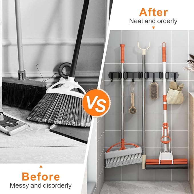 CUXIXA 2 Pack Mop and Broom Holder Wall Mount, Non-slip Broom Hanger Wall Mount, Heavy Duty Mop Broom Organizer for Kitchen Garden Garage Laundry Room Wall Decor Organization and Storage Black 3R4H