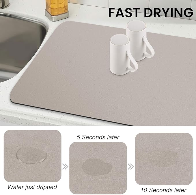WISELIFE Dish Drying Mat Super Absorbent Drying Mat Large Dish Drying Mats for Kitchen Counter Easy Clean Dish Mat Kitchen Drying Mat18"x 32" Classic Khaki