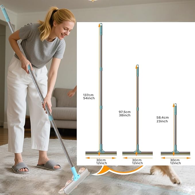 2 in 1 Carpet Rake for Pet Hair Removal Tool 54" Long Handle Rug Rake Dog Cat Hair Remover Broom with Dog Hair Grooming Glove Metal Pet Hair Removal Pro for Woodfloor Mat Stair Couch Car (Blue)