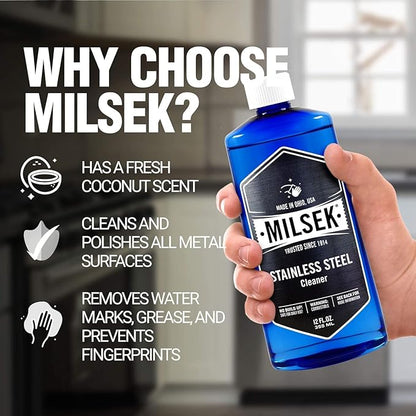 Milsek Stainless Steel Cleaner - Multipurpose Cleaning Supplies for Home and Kitchen Appliances, Sink, Stovetop, Dishwasher, Microwaves and Refrigerators - 12 Fl Oz (Pack of 1)