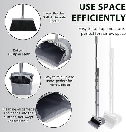 YZO Broom with Dustpan Combo Set, 54.33 Inch Long Handle Standing Design, Dustpan Front Rubber Tight Seal, Broom with 5 Layer Bristles, Suitable for Bedroom, Yard, Office and Apartment(Gray&Black)