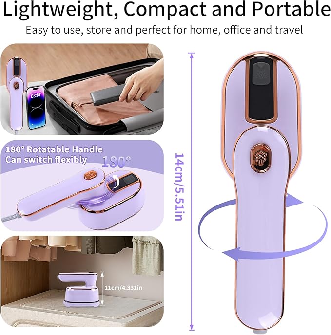 1000W Travel Steamer for Clothes, Portable 2-in-1 Handheld Steamer & Iron, 20s Fast Heat-Up, Sharp-Corner Detail Panel, Foldable 180° Handle, Compact for Home & Travel (Grape Purple)
