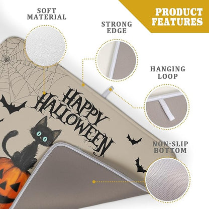 Happy Halloween Black Cat Ghost Dish Drying Mat for Kitchen Counter,Halloween Pumpkin Spiderweb Bat Drying Mat 18 x 24 Inch with High Absorbent Microfiber Drainer Mat for Coffee Bar