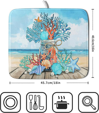 Coastal Coral Dish Drying Mat 16x18 inch Starfish Shell Fast Dry Microfiber Dish Rack Mats Drainer Pad for Countertop Kitchen Table Decor