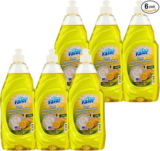 Valor Dishwashing Liquid, 25 fl oz – Dish Soap for Kitchen & Bathroom, Grease-Fighting, Gentle on Hands, Fast Rinse, Eco-Friendly Biodegradable Formula (25.5 oz (Pack of 6), Lemon)