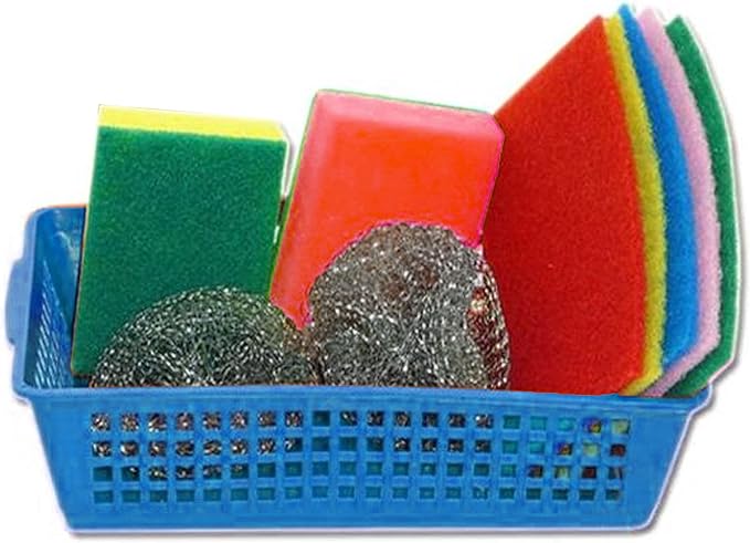 9-Piece Kitchen Scrub Sponge Set with Storage Basket Heavy Duty Scouring Pads Metal Scrubbers for Dishes Pots Pans Sink Bathroom Cleaning All Purpose Multi Use