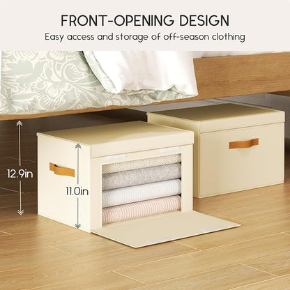 Large Storage Bins with Lids - Front Opening Fabric Storage Bins, Flap Closet Organizer with Handles, Collapsible Boxes with Lid, Decorative Basket for Home, Dorm, 4 Pack, Beige