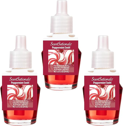 ScentSationals Peppermint Swirl Fragrance Oil Plug In Air Freshener Refills 3-Pack - Works with Scentsationals Wall Plugs, Long-Lasting Home Fragrance, 0.8 fl oz Each, Packaging May Vary