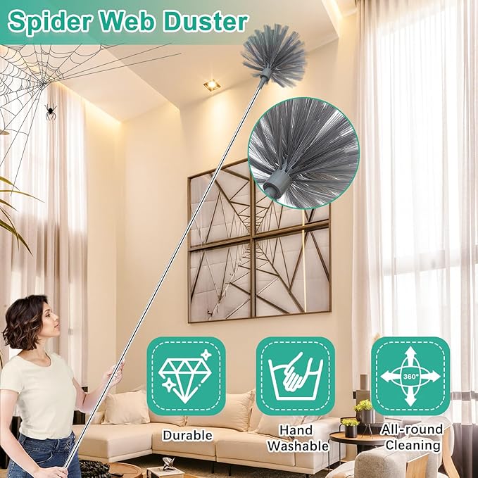 Ceiling Fan Cleaner Duster, Cobweb Duster with Extension Pole, Washable and Reusable Microfiber Duster Set for Cleaning Ceiling Fan, High Ceilings, Walls, Bookshelves, Window Door Top, Cobwebs (Gray)
