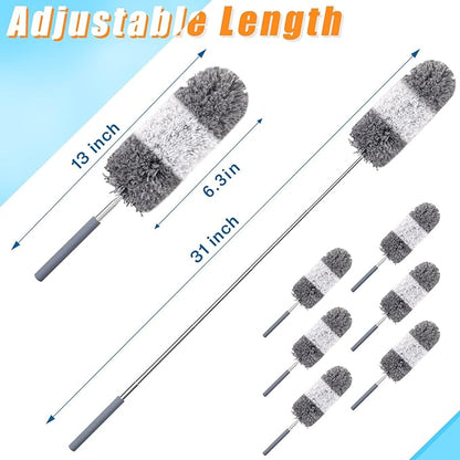Tanlade 12 Pcs Microfiber Feather Duster for Cleaning 13-31 Inch Extendable Cobweb Dusters Ceiling Fan Duster Washable Bendable Tool for Office Car Window Furniture (Gray White)