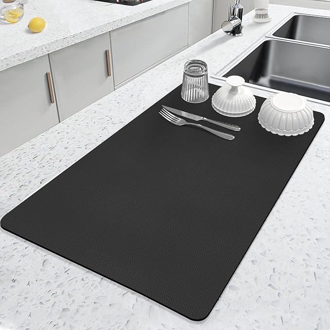 LOPNUR Kitchen Dish Drying Mat, 24"x16" Large Dish Drying Mats for Kitchen Counter, Diatomite Coffee Mat, Super Absorbent Dish Drying Pad, Heat Resistant Mat with Anti-slip Rubber Backed, Black
