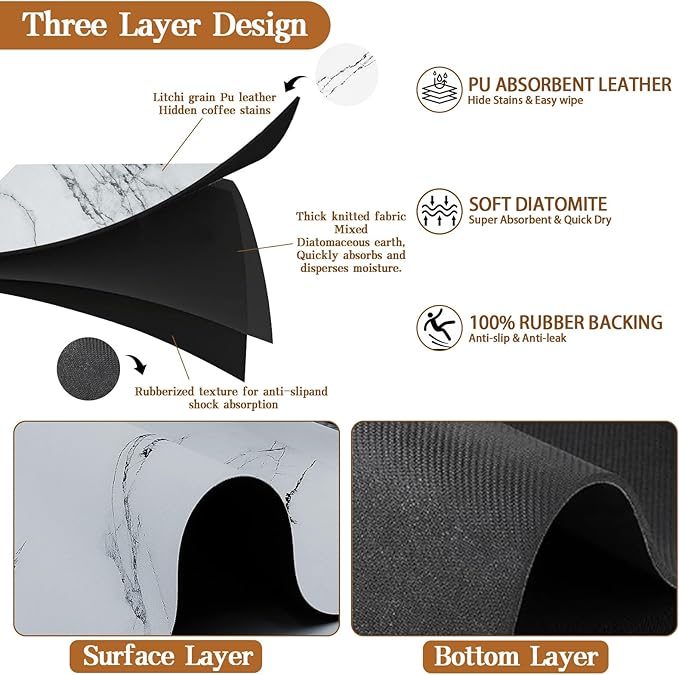Dish Drying Mats for Kitchen Counter, 24"X16" Coffee Bar Mat for Countertops Heat Resistant Drainer Mat with Non-slip Rubber Backed Large Kitchen Drying Mat Absorbent Draining Mat (Light Gray)