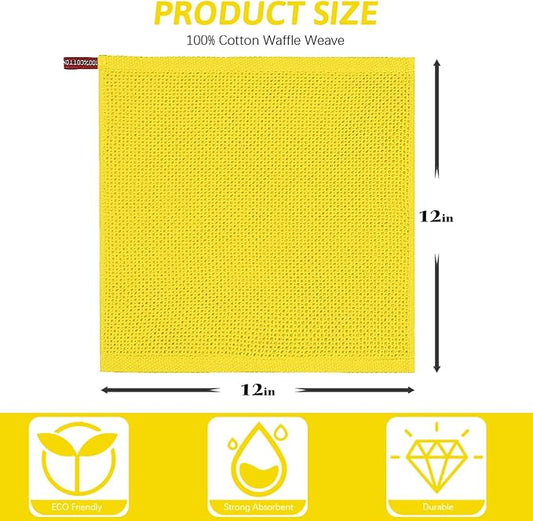 Nialnant 6 Pack Yellow Kitchen Dish Cloths, 100% Cotton Waffle Weave Dish Towels for Drying Dishes, Quick Drying Kitchen Towels, Soft Absorbent Dish Rags - 12x12 in