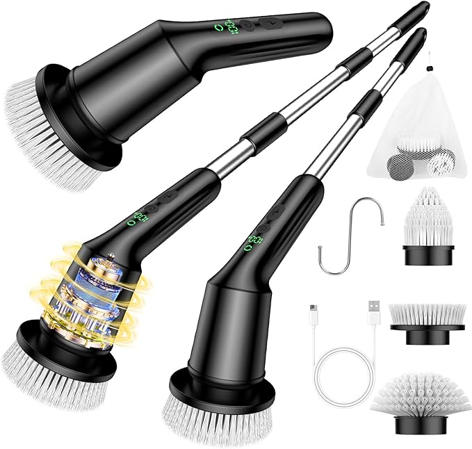 Electric Spin Scrubber for Cleaning Bathroom, Shower Scrubber Rotary Floor Brushes with IPX7 Waterproof & 2 Speed, 3 Brush Heads, Bathroom Cleaning Supplies for Toilet Shower Tub Black