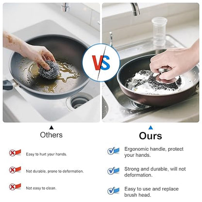 5PCS Stainless Steel Scrubber Pads, Steel Wool Scrubber Set with 2Pcs Handle, Stainless Scrubber for Cleaning Kitchen and Household, Dishes, Stoves, Grill, Wash Sink, Pots