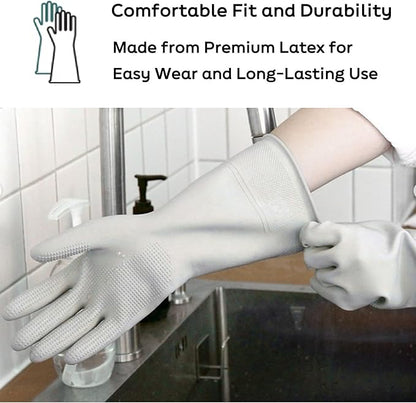Myungjin 2 Pairs Reusable Waterproof Non-Slip Honeycomb Grip Latex Rubber Gloves with Hang-Dry Hooks/Hanging Loops for Dishwashing Household Cleaning Cooking (Large OverFit)