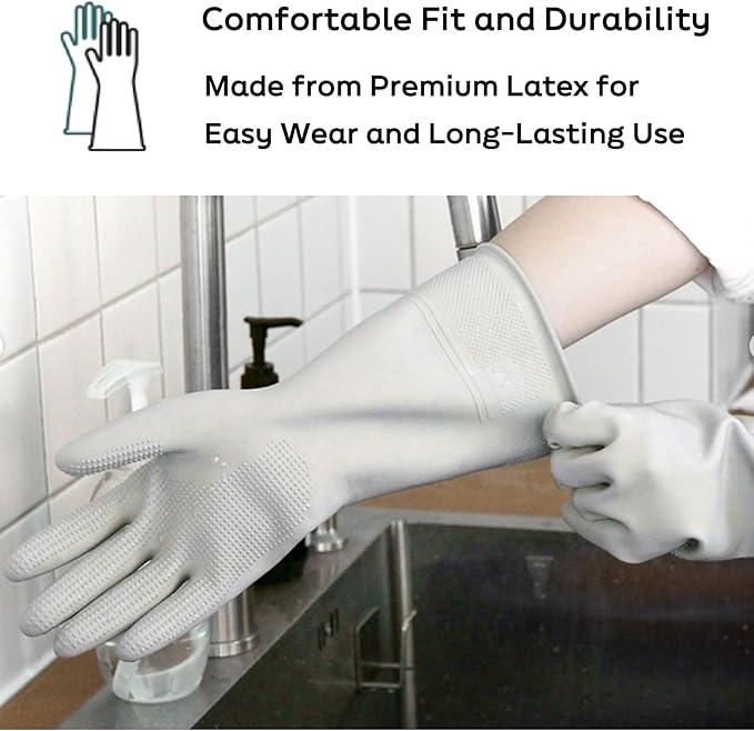 Myungjin 2 Pairs Reusable Waterproof Non-Slip Honeycomb Grip Latex Rubber Gloves with Hang-Dry Hooks/Hanging Loops for Dishwashing Household Cleaning Cooking (Medium OverFit)