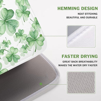 St Patrick's Day Dish Drying Mat for Kitchen Counter,Green Lucky Charm Shamrocks Drying Mat 16 x 18 Inch with High Absorbent Microfiber Drainer Mat for Coffee Bar