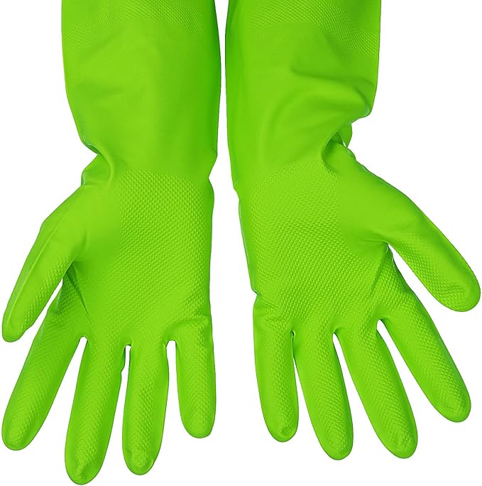 3 Pairs Rubber Cleaning Gloves Latex Free Dishwashing Gloves - 13" Reusable Nitrile Gloves Large, Green+Pink+Orange
