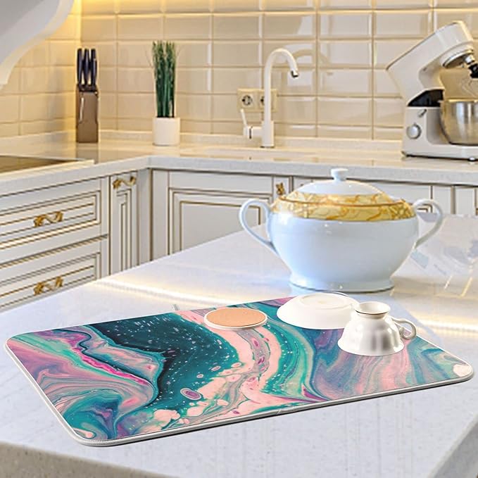 Super Absorbent Dish Drying Mat, Microfiber Fast-Drying Dish Mat, 16" x 18", Kitchen Dish Drying Pad, Marble Pink Green