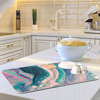 Super Absorbent Dish Drying Mat, Microfiber Fast-Drying Dish Mat, 16" x 18", Kitchen Dish Drying Pad, Marble Pink Green