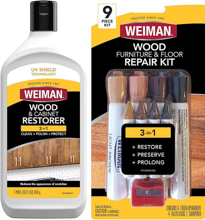 Weiman Wood Restore and Repair Kit, Wood Floor Scratch Repair, Furniture Markers Touch Up, Cabinet Cleaner, Removes Dirt & Reduces Scratches, Safe for Table, Desk, & Chair, UV Shield Technology