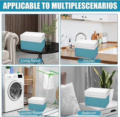 Large 22 Quart Linen Fabric Foldable Storage Bin Cube Organizer Basket with Flip-Top Lid & Handles, Clothes Blanket Box for Home, Office, Closet, Teal & White, 4 Pack 14.6 x 9.5 x 9.5