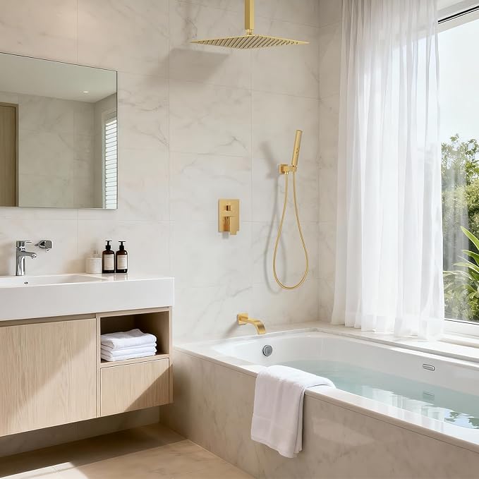 Brushed Gold Shower System with Tub Spout, Ceiling Mounted Bathtub Shower Faucet Set, 12" Rainfall Shower Head and Handheld Shower Combo, High Pressure Shower Fixtures Set with Rough-in Valve