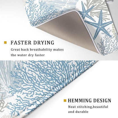 Nautical Coastal Dish Drying Mat for Kitchen Counter,Summer Ocean Themed Seashell Coral Starfish Drying Mat 18 x 24 Inch with High Absorbent Microfiber Dish Drying Drainer Mat for Coffee Bar