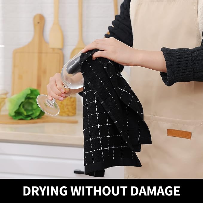 Homaxy 100% Cotton Terry Kitchen Towels(Black, 13 x 28 inches), Checkered Designed, Soft and Super Absorbent Dish Towels, 24 Pack