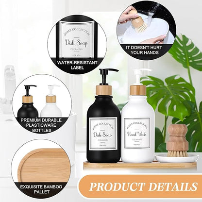 Zopeal 4 Pcs 16 oz Kitchen Soap Dispenser Set with Bamboo Tray and Dish Brush Plastic Soap Dispenser Set with Waterproof Labels for Hand Dish Lotion(Matte Black,White)