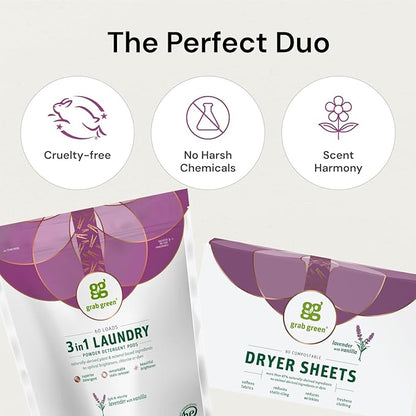 Grab Green 3-in-1 Laundry Detergent Pods and Dryer Sheet Bundle, 60 Count Pods and 80 Dryer Sheets, Vetiver Scent, Plant and Mineral Based Laundry Care Set