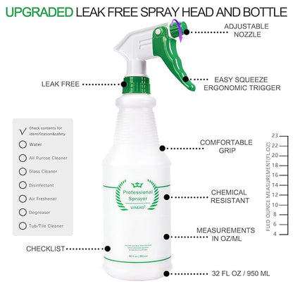 Plastic Spray Bottle 2 Pack, 32 Oz, All-Purpose Heavy Duty Spraying Bottles Leak Proof Mist Empty Water Sprayer for Cleaning Solution, Essential Oils, Hair, Planting with Adjustable Nozzle - Green