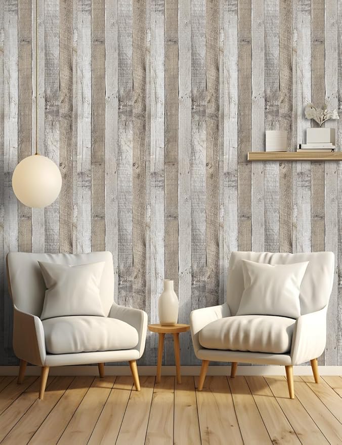 LXCREAT Faux Wood Contact Paper Shiplap Peel and Stick Wallpaper 17.5"X590.5", Natural Grey Wooden Self Adhesive Removable Vintage Wallpaper for Shelf Kitchen Home Walls Decoration