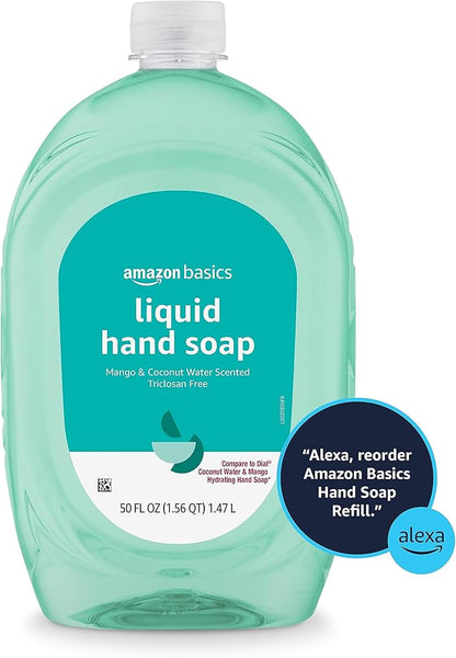 Amazon Basics Liquid Hand Soap Refill, Mango and Coconut Water Scent, Triclosan-Free, Dermatologist Tested, pH Balanced, Paraben-Free, 50 Fl Oz (Pack of 1) (Previously Solimo)
