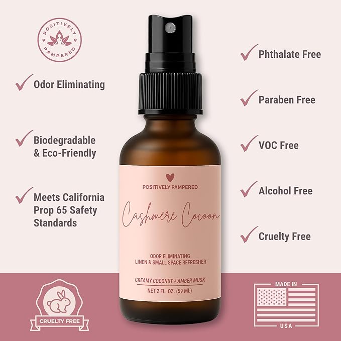 Cashmere Cocoon Luxury Small Space Air & Linen Freshener Spray - Creamy Coconut + Amber Musk - Artisan Blended Home Fragrance - Non Toxic Room Spray + Odor Eliminator - 2 oz Travel Size