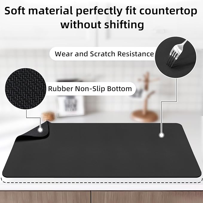LOPNUR Kitchen Dish Drying Mat, 31.5"x17" Extra Large Dish Drying Mats for Kitchen Counter, Diatomite Coffee Mat Super Absorbent Dish Drying Pad, Heat Resistant Mat with Anti-slip Rubber Backed, Black