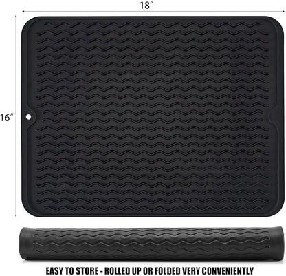 Silicone Dish Drying Mat, Non-Slip Easy Clean Sink Mat Large Heat-resistant Dish Drainer Mat for Kitchen Counter, Sink, Refrigerator or Drawer liner (18" x 16", BLACK)