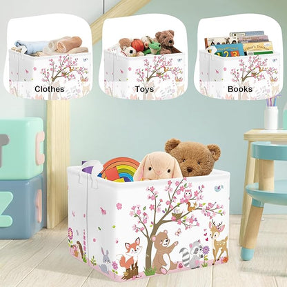 Forest Animals Laundry Hamper Woodland Tree Large Storage Basket Parents Organizer Kids Clothes Toy Bins for Bedroom, Bathroom, Pink, 36L