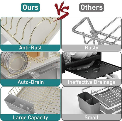 Buruis Dish Drying Rack for Kitchen Countertop, Large Capacity Gold Stainless Steel Dish Drainer with Anti-Slip Rubber Feet, Removable Drain Board and Utensil Holder (White Tray)