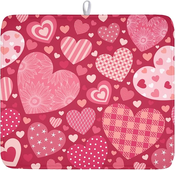 Valentine's Day Dish Drying Mat 16 x 18 Inch Heart Shaped Pattern Dish Drying Pad Absorbent Microfiber Mats for Red Dish Rack Pad for Kitchen Counter Coffee Bar Decor