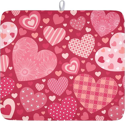 Valentine's Day Dish Drying Mat 16 x 18 Inch Heart Shaped Pattern Dish Drying Pad Absorbent Microfiber Mats for Red Dish Rack Pad for Kitchen Counter Coffee Bar Decor