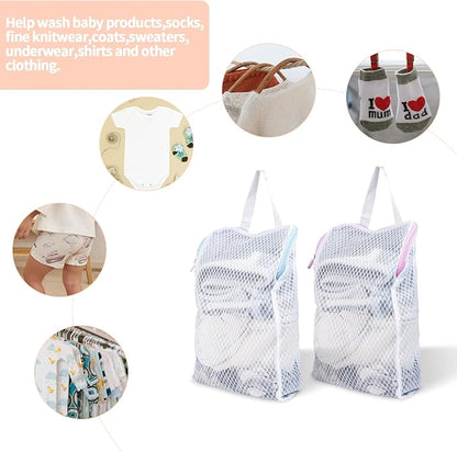 2 PCS Honeycomb Mesh Laundry Bag with Handle, 13.3 x 7.8 Inch Zippered Mesh Laundry Bag, Extra Large Opening, Side Widening, for Washing Socks, Baby Items, Lingerie, Travel Garments (Pink and Blue)