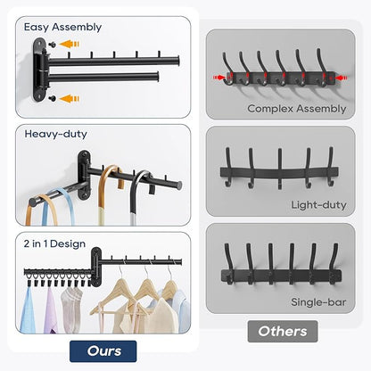 Wall Mounted Drying Rack, 2-Tier Laundry Drying Rack with Swing Arm, Space-Saving Foldable Laundry Clothes Hanger with 10 Clips for Laundry Room Closet Organizer Bathroom Bedroom (2 Pack)