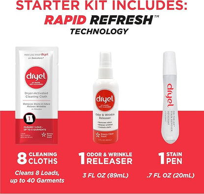 dryel At-Home Dry Cleaner Starter Kit with Wrinkle Release Spray, New and Improved, Gentle Laundry Care for Special Fabrics and Dry-Clean-Only Clothes, 8 Loads with On-the-Go Stain Remover