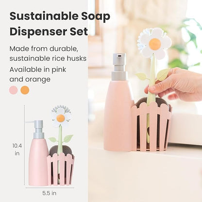 Vigar Florganic Kitchen Soap Dispenser Set, Dish Soap Dispenser with Sponge Caddy and Dish Brush, Daisy-Themed, Perfect Kitchen Sink Caddy, Pink