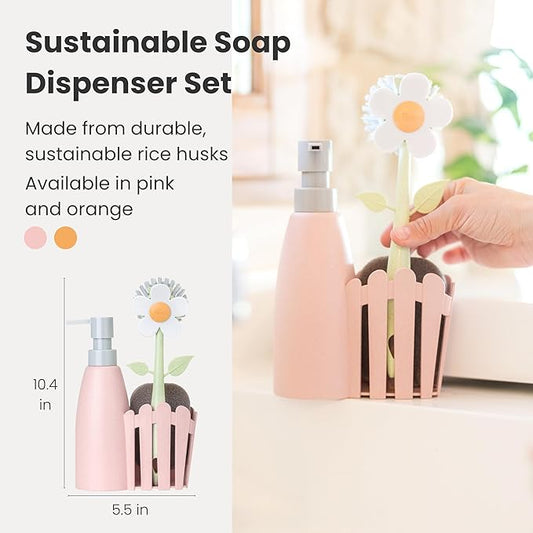 Vigar Florganic Kitchen Soap Dispenser Set, Dish Soap Dispenser with Sponge Caddy and Dish Brush, Daisy-Themed, Perfect Kitchen Sink Caddy, Pink