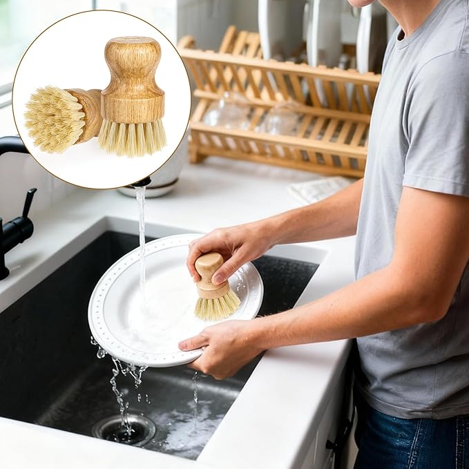 12 Packs Bamboo Dish Scrub Brush Wooden Washing Scrubbers with Sisal Bristles Kitchen Palm Pot Brush Round Mini Dish Brushes for Household Iron Pot Pan Sink Sink Vegetables Cleaning