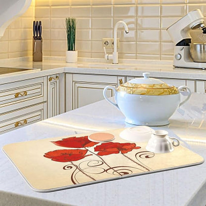 senya Super Absorbent Dish Drying Mat, Microfiber Fast-Drying Dish Mat, 16'' x 18'', Kitchen Dish Drying Pad, Red Poppy Flowers Retro, (g289343169p523c558s1113)
