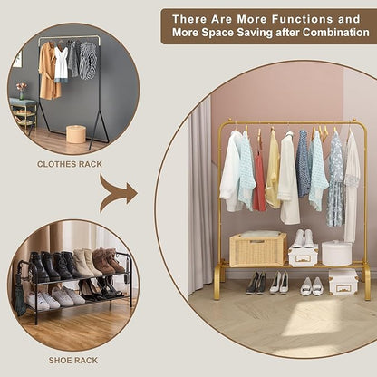 JIUYOTREE Metal 43.3 Inches Garment Rack with Bottom Shelf Clothing Rack for Hanging Clothes Coats Skirts Shirts Sweaters Gold